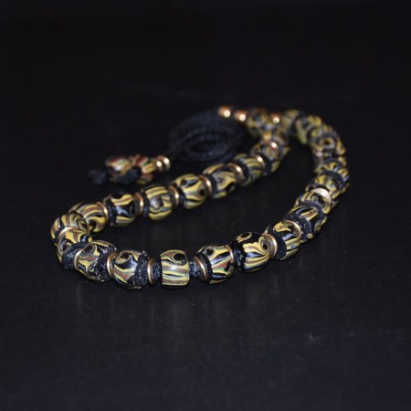Antique venetian feather eye glass lampwork bead brass linen macramé necklace