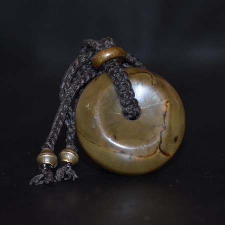 Rare green Amber Bi Amulet Brass Bead Macramé Linen Necklace