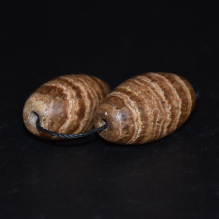Pair large antique banded Fossil Agate Beads