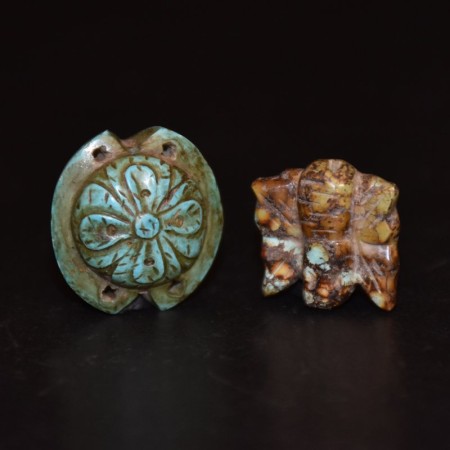 Two antique carved tibetan turquoise beads