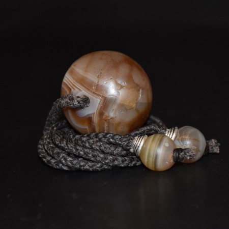 Huge ancient Agate Bead with linen macramé cord and silver