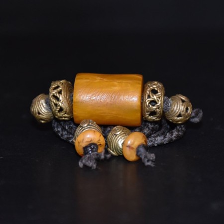 Simulated amber and tribal brass bead choker macramé necklace