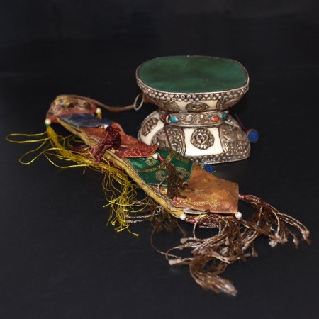 Old Tibtean Silver Bone Chod Damaru Double Drum with Decoration