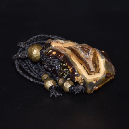 Rare large neolithic style Double Eye Agate Brass Bead Talisman Macramé Necklace
