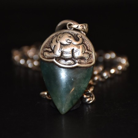 Large antique tibetan elefant / dog silver repousse jasper amulet with sterling silver chain
