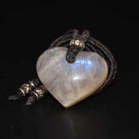 Large Moonstone Crystal Heart Silver Macramé Necklace