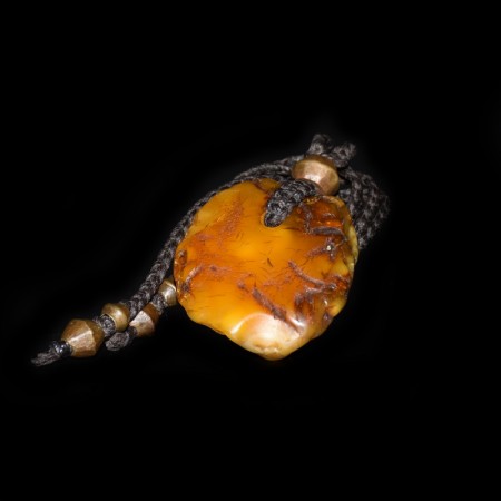 Antique Baltic Amber Nugget and Tribal Brass Bead Macramé Necklace