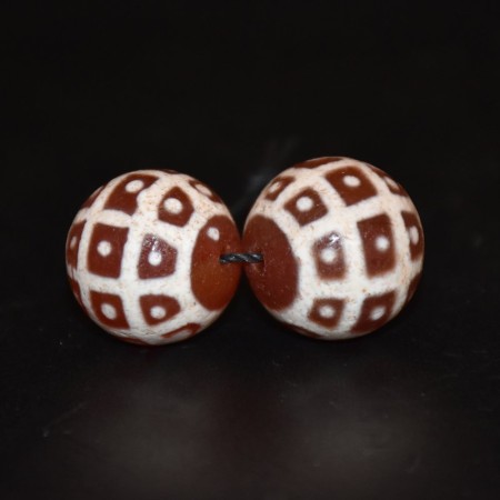 Pair large red etched Tibetan Carnelian Beads