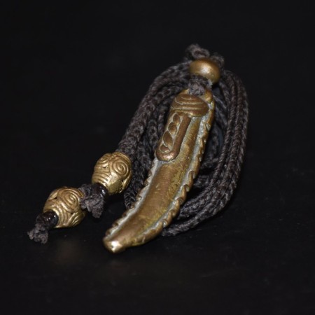 Old Akan Brass Lion Tooth Amulet Macramé Linen Talisman Necklace
