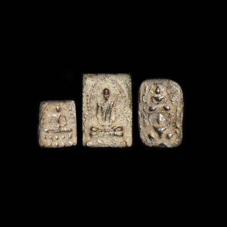 Three antique golden Thai Buddha Amulets