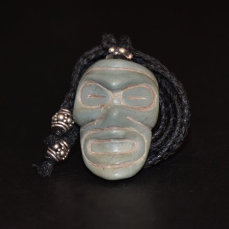 Ancient Taino Stone Face / Mask Amulet Silver Necklace