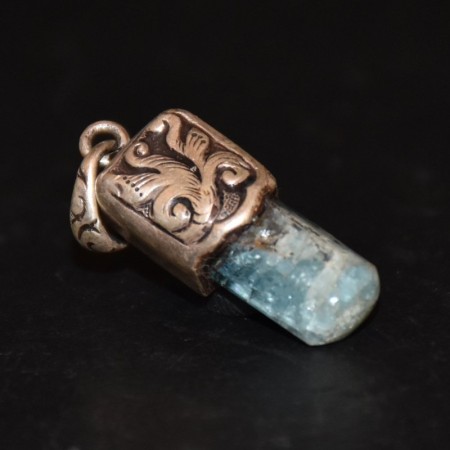 Small old Aquamarine Crystal Silver Repousse Pendant