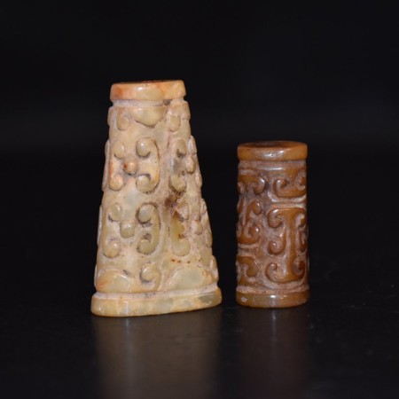 Two old triangular carved Hongshan Jade Beads