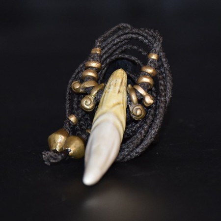 Antique Lion Glass Tooth Pendant brass bead macramé necklace