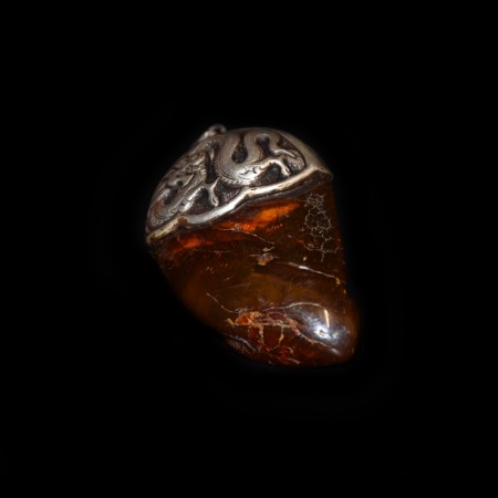 Huge antique Amber Silver Dragon Repoussee Pendant