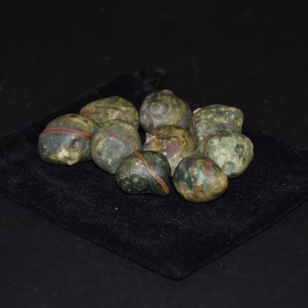 Nine rare green Gobi Agate Pebbles with black Silk Pouch