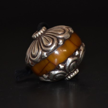 Huge Simulated Amber Silver Repousse Bead