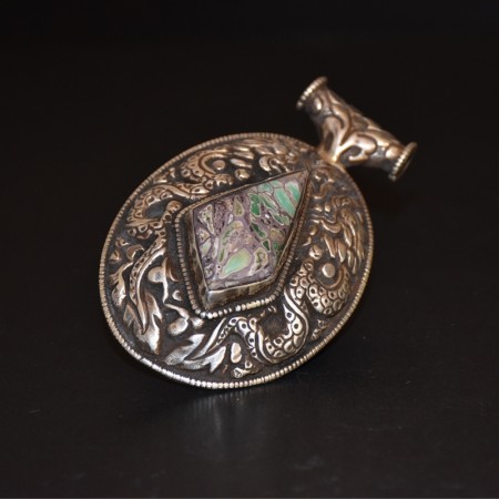 Antique large tibetan silver repousse dragon variscite amulet
