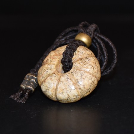 Antique Hongshan "Chicken Bone" Amulet Brass Macramé Necklace