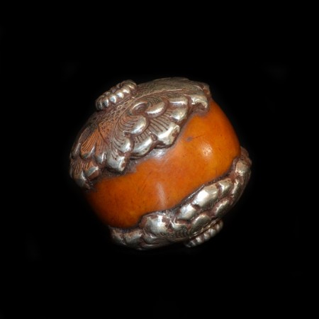 Huge antique butterscotch simulated Amber silver bead