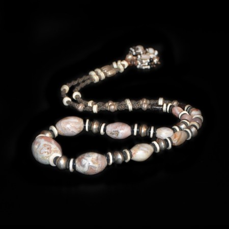 Ancient pink-white Quartz Bead with Silver Necklace