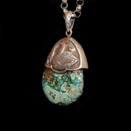 Turquoise Silver Repoussee Pendant