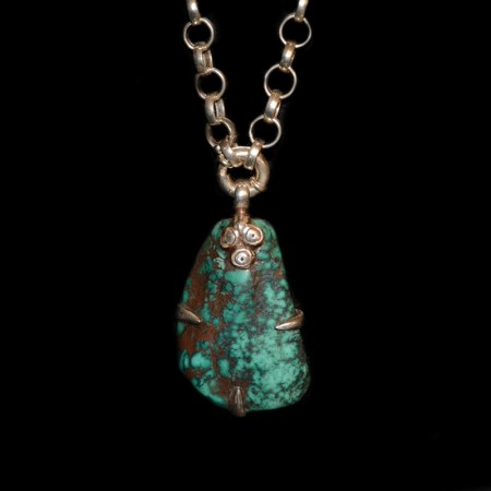 Antique tibetan turquoise silver pendant with chain