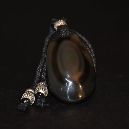 Mystische grosse Regenbogen-Augen-Obsidian Amulett Silber Makramee Halskette