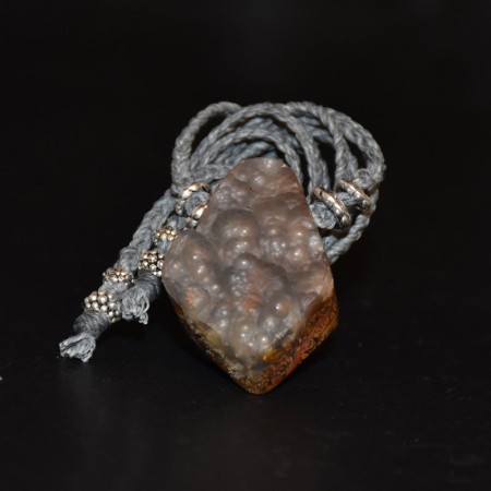 Botryoidal Indonesian Plume Agate Silver Amulet Macramé Necklace