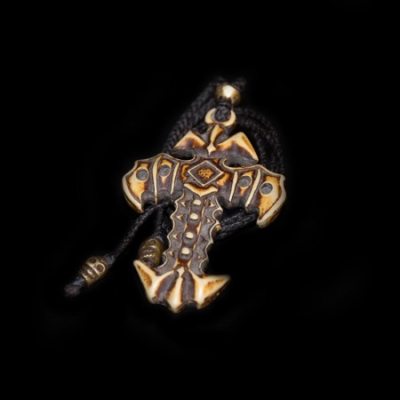 Antikes tibetisches Knochen-Kreuz Amulett Messing Makramee Halskette