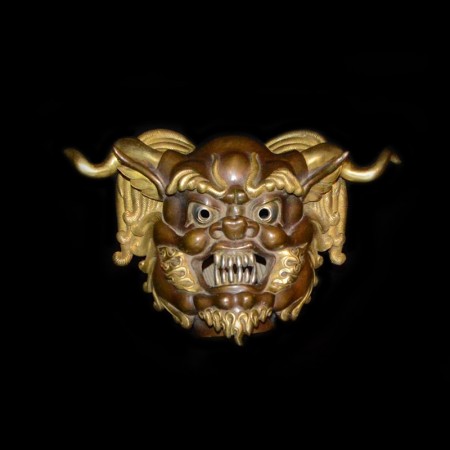 Tibetische Dämonenmaske aus Bronze, Gold und Silber
